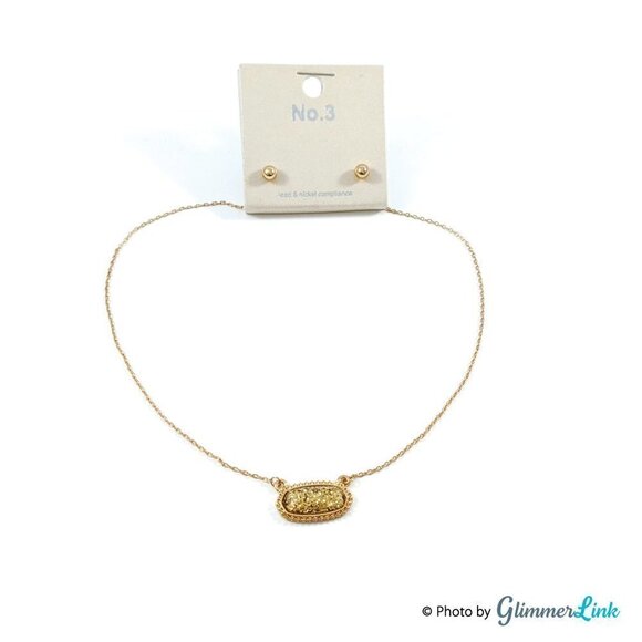 Gold Tone Glitter Resin Pendant Necklace & Ball Studs Set - Picture 4 of 9